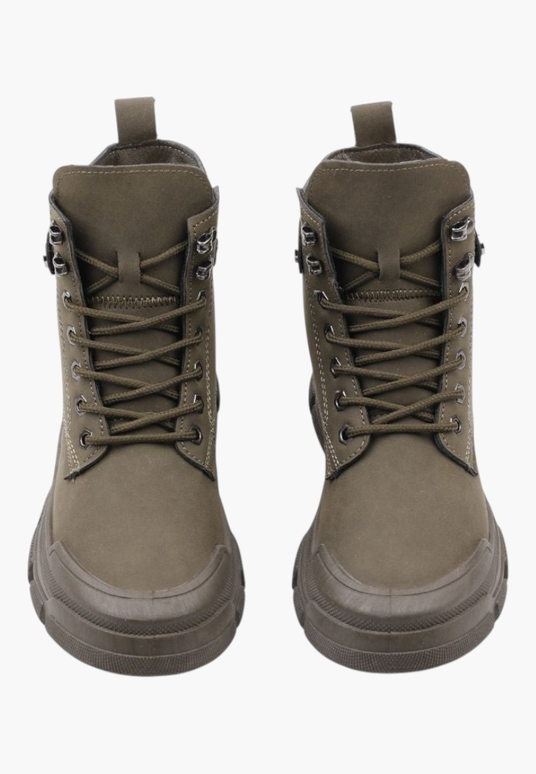 Falio olive green synthetic nubuck lace-up ankle boots with thick lug soles and round toes