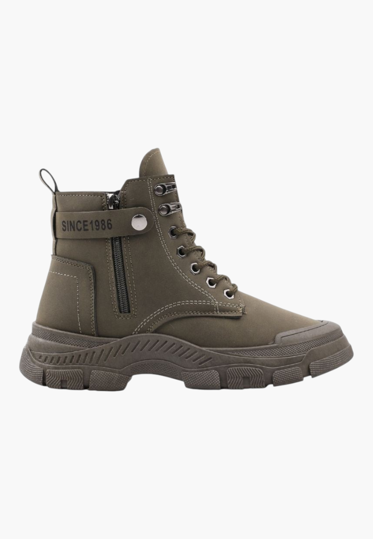 Falio olive green synthetic nubuck lace-up ankle boots with a thick lug sole and side zipper detail