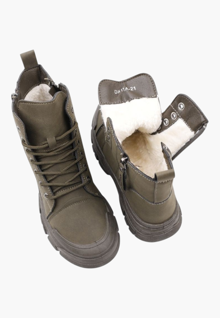 Falio olive green synthetic nubuck lace-up ankle boots with thick lug soles and warm faux fur lining