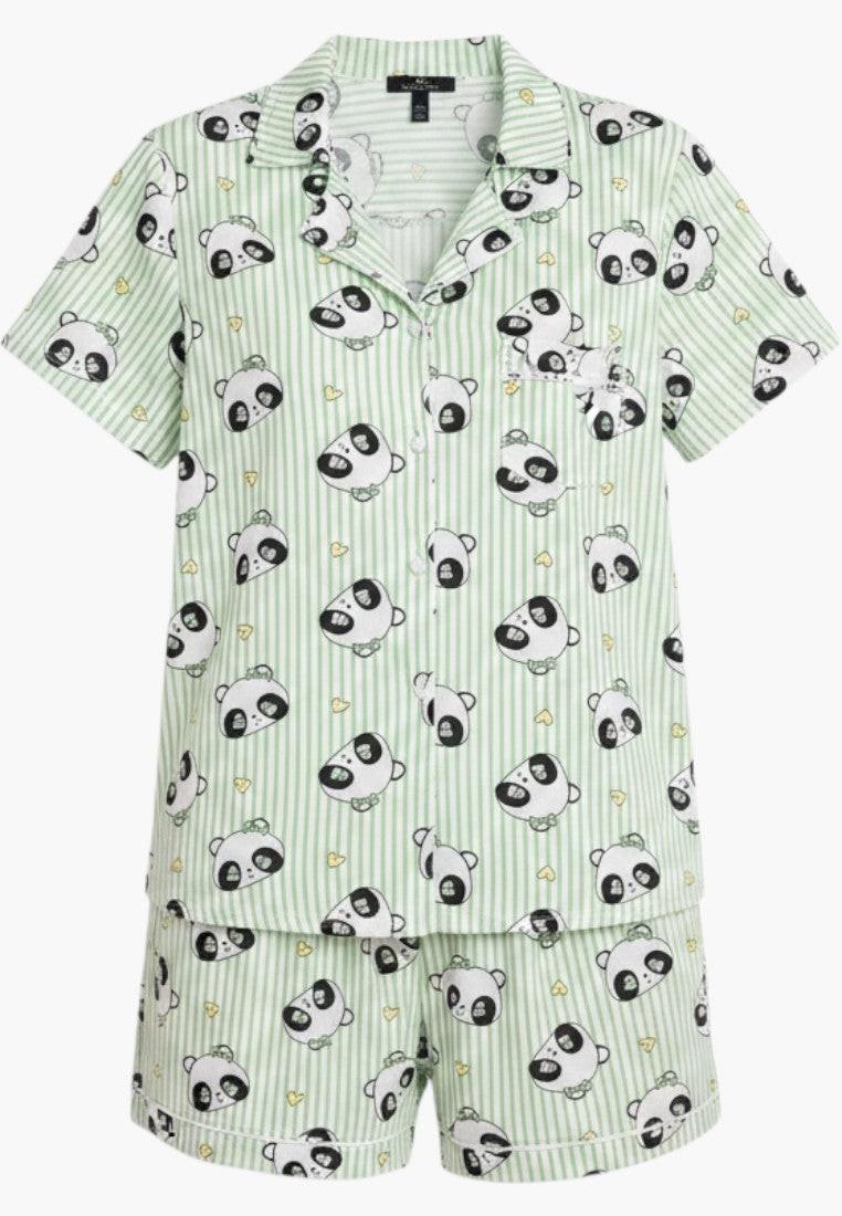 Falio women's short-sleeve pajama set with panda print, V-neck, button-up top, and shorts. Made of 100% cotton in green and white stripes.