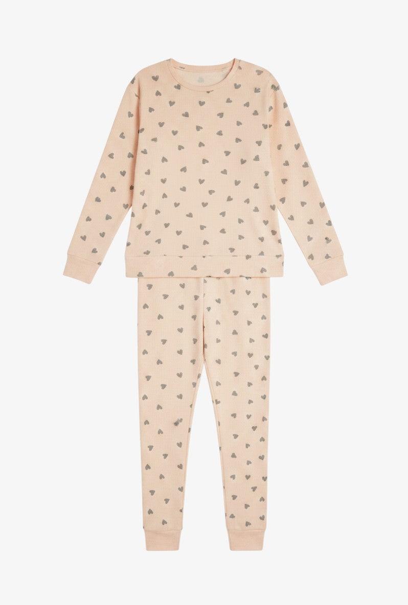 Falio women's peach cotton pajama set with grey heart print, long sleeves, and long pants.
