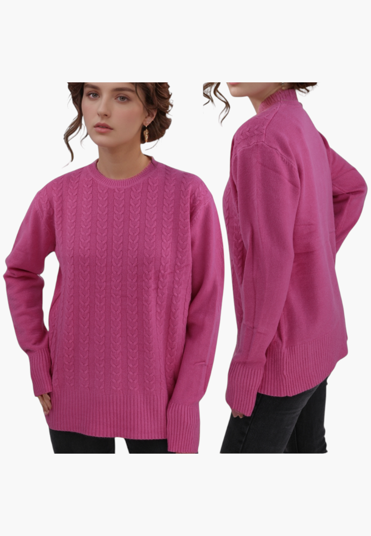 Falio pink wool-blend cable knit sweater with a round neckline worn by a model in front and side views