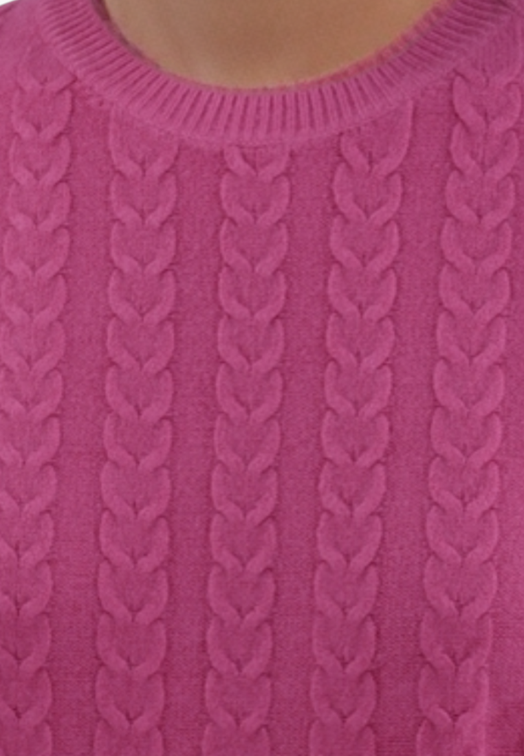 Falio pink women's sweater with a classic cable knit pattern, round neckline, and soft wool-cashmere blend fabric.