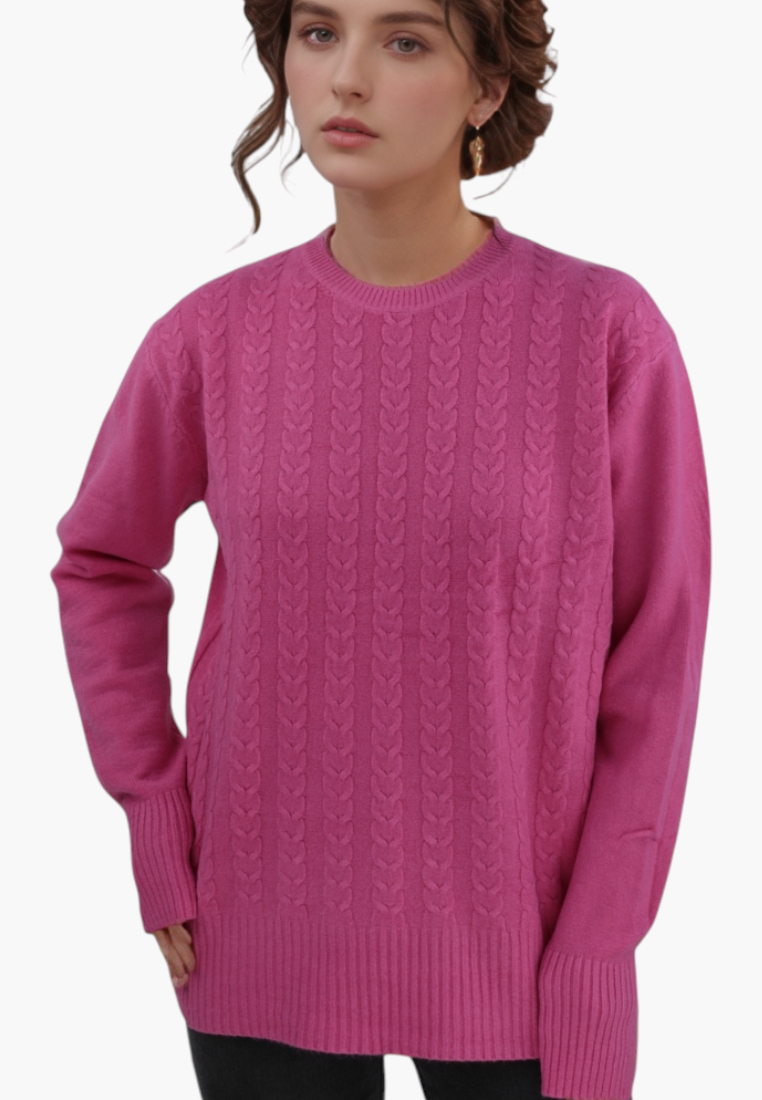 Falio pink wool-blend cable knit sweater with a round neckline worn by a model against a white background