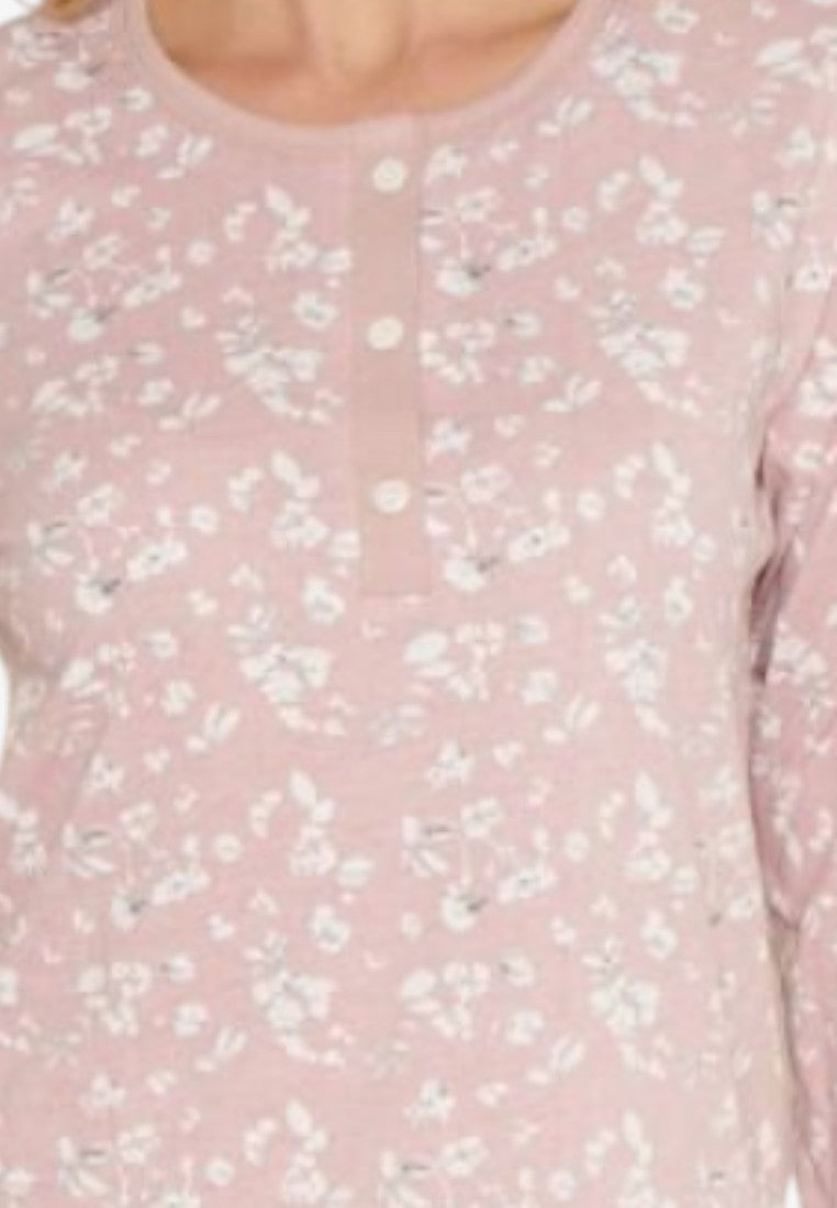 Falio pink cotton nightgown with a delicate floral print, long sleeves, and a buttoned neckline. Above the knee length.