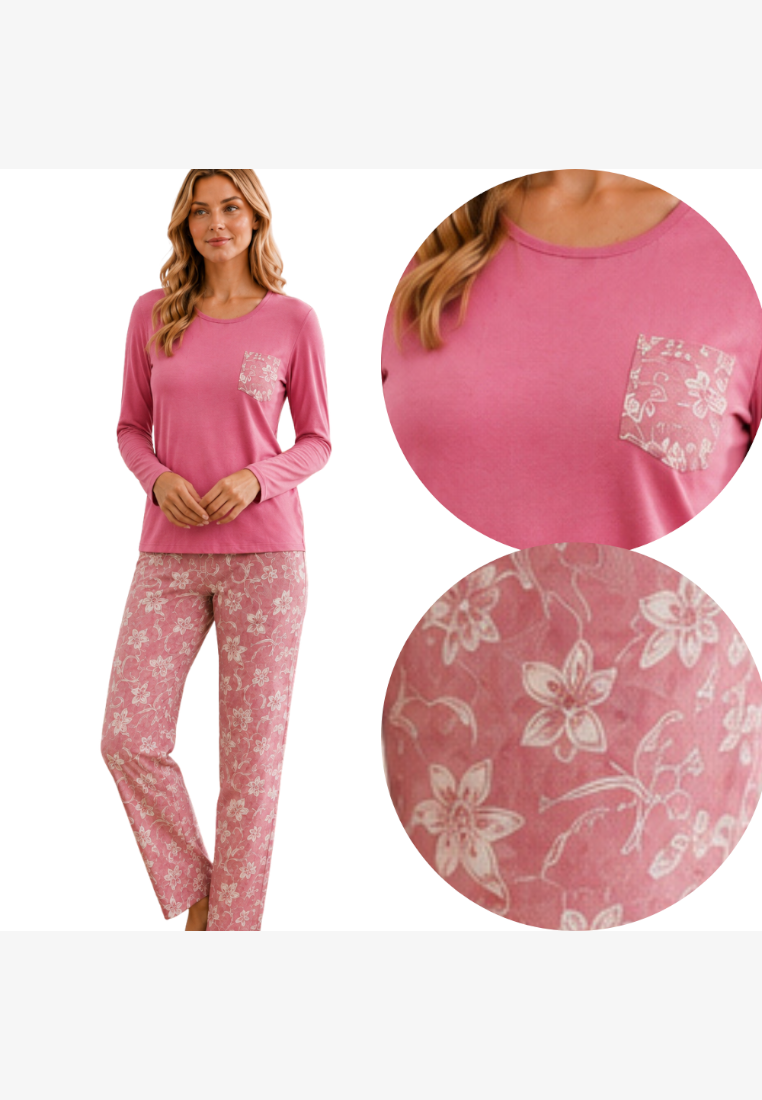 Falio women's insulated cotton pajama set in pink with long sleeves, round neck, and floral patterned trousers.