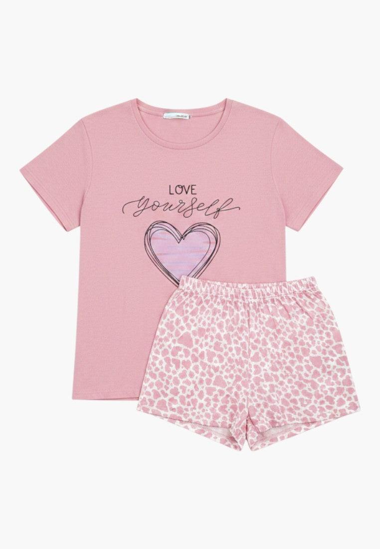 Falio pink cotton plus size pajama set with "Love Yourself" heart graphic on top and leopard print shorts.