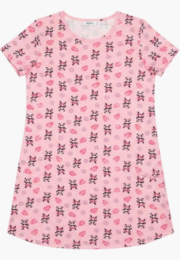 Falio pink 100% cotton short sleeve nightgown with a kiss print and pockets. Above the knee length.