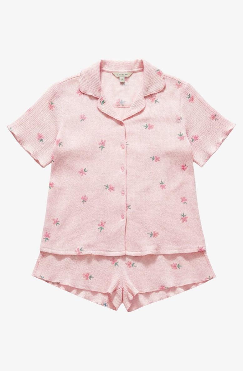 Falio pink 100% cotton short-sleeve pajama set with floral embroidery and collared neckline.
