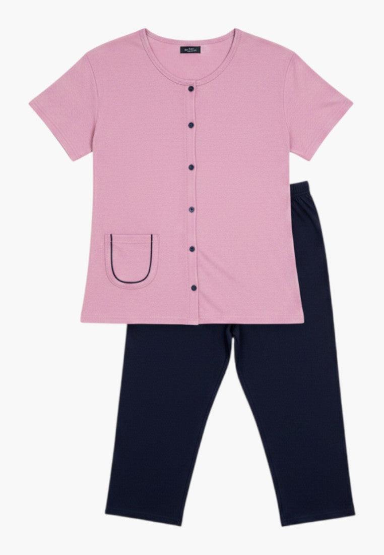 Falio women's pink cotton short-sleeve pajama set with navy blue 3/4 length pants and button-up top.