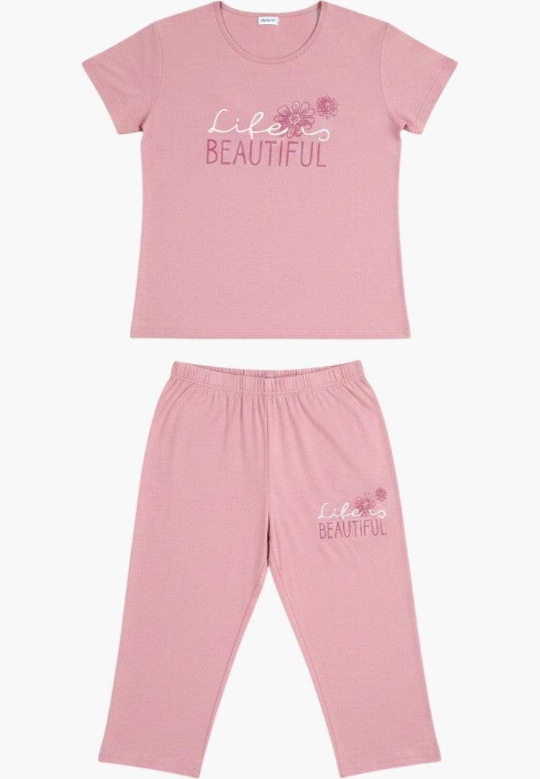 Falio women's pink cotton pajama set with round neck t-shirt and 3/4 length capri pants featuring