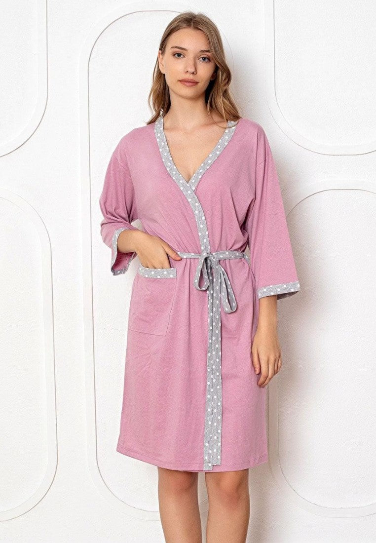 Falio women's knee-length cotton robe in dusty pink with grey polka dot trim, 3/4 sleeves, and a tie waist.