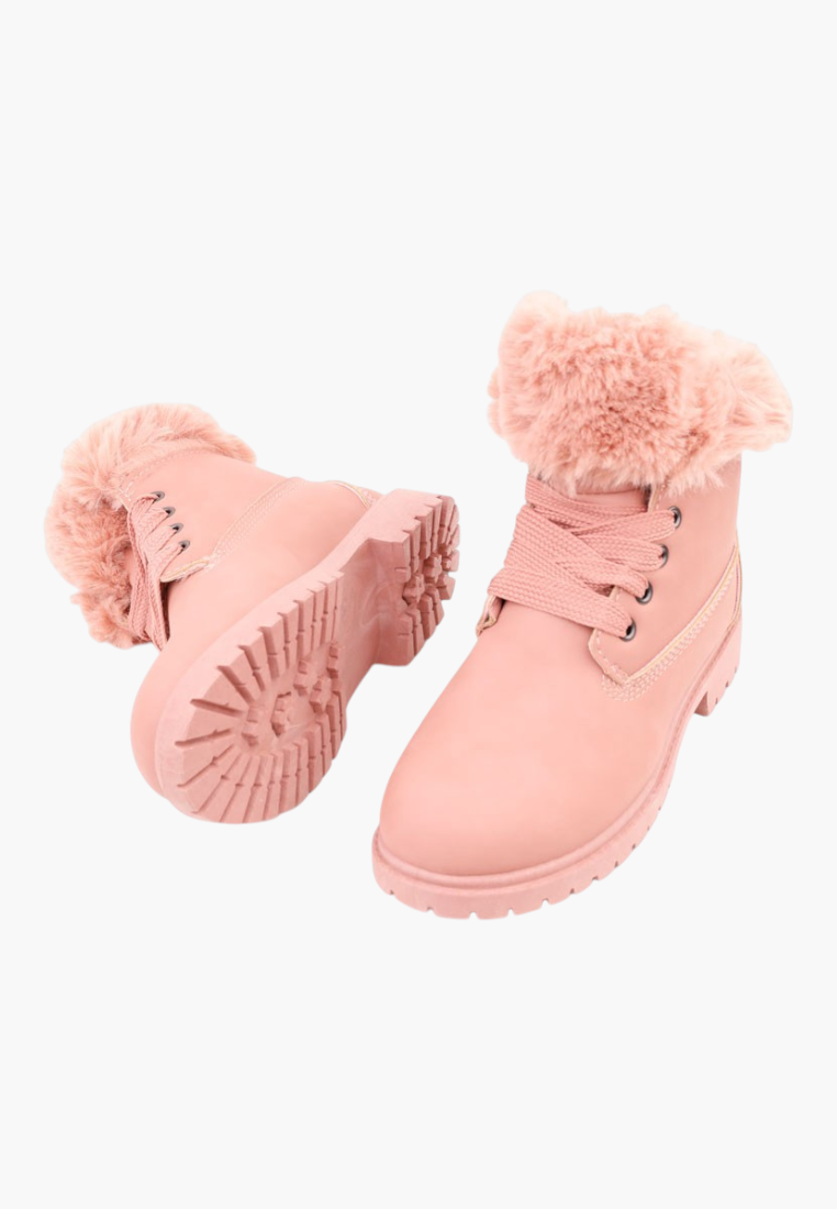 Falio pink synthetic nubuck lace-up ankle boots with faux fur lining and cuff detail for women