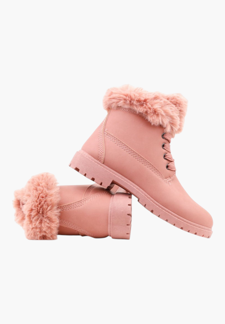 Falio pink synthetic nubuck ankle boots with faux fur trim, lace-up front, and flat lug soles.