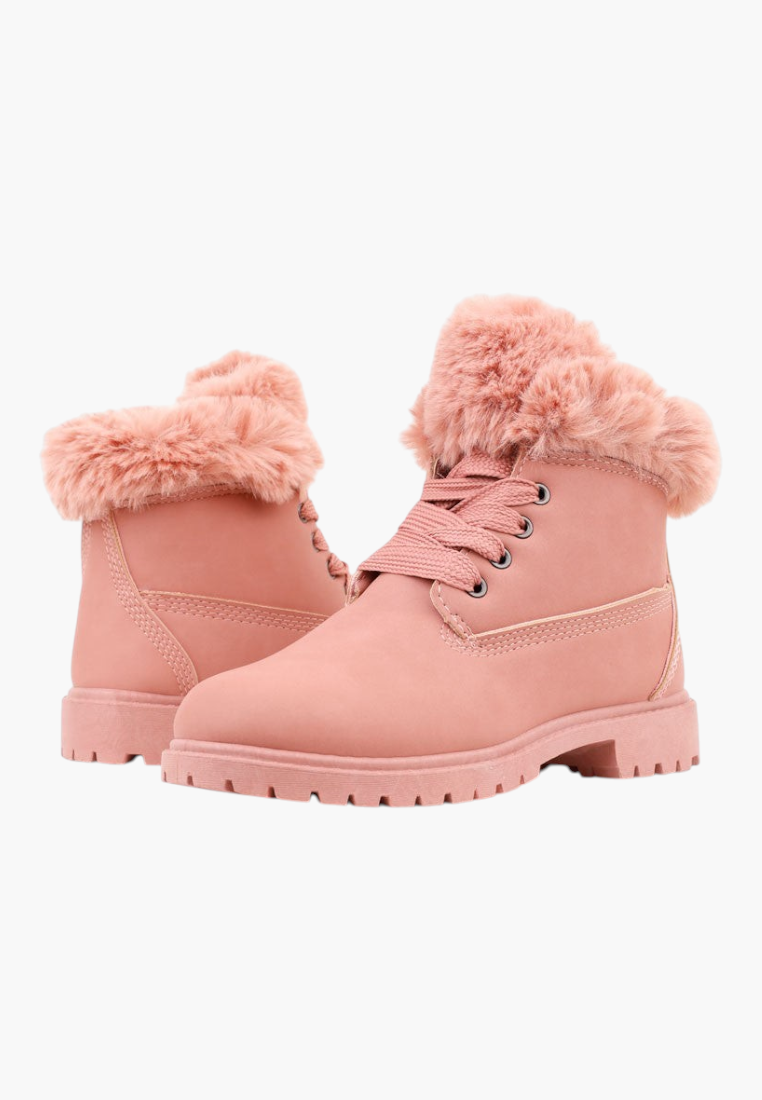 Falio pink synthetic nubuck ankle boots with faux fur trim, lace-up front, and flat lug soles for winter wear.