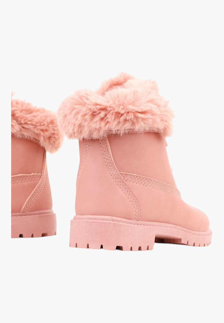 Falio pink synthetic nubuck ankle boots with faux fur trim, lace-up design, and flat lug soles for winter wear.