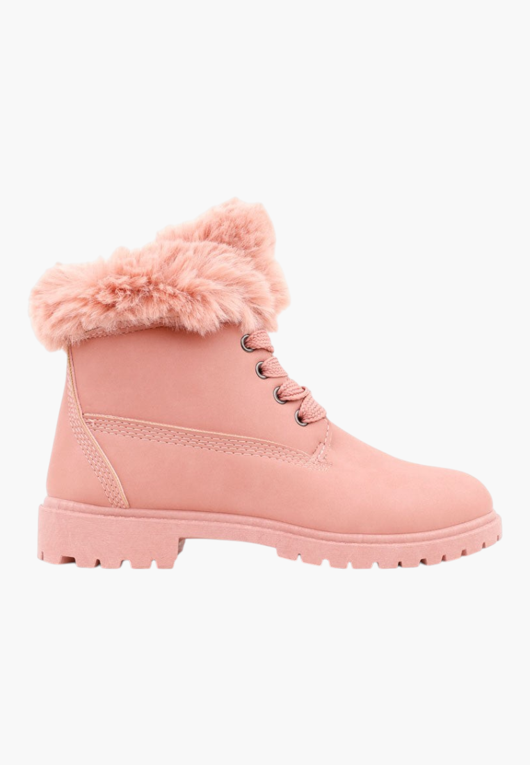 Falio pink synthetic nubuck lace-up ankle boots with faux fur trim and flat lug sole for women
