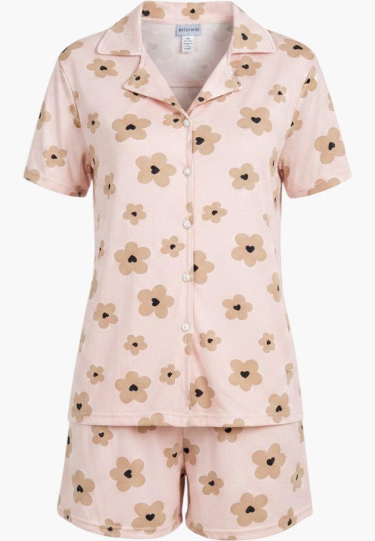 Falio women's pink 100% cotton short pajama set with a floral print, featuring a collared V-neck top and short bottoms.