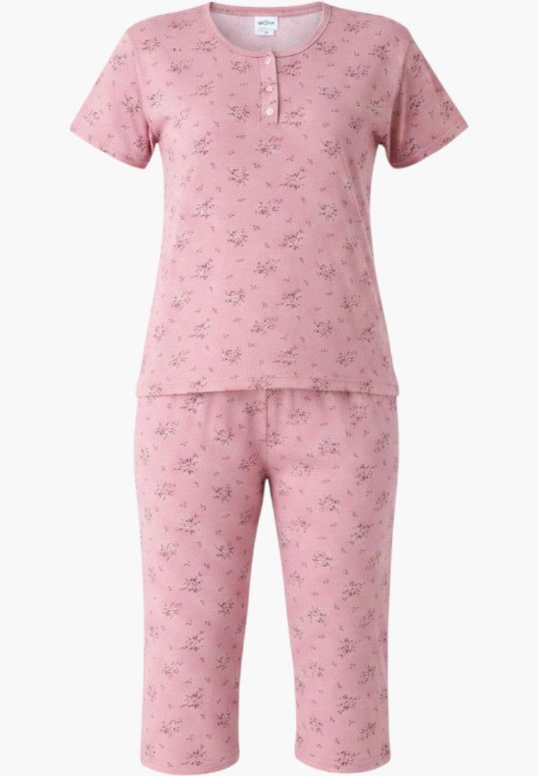 Falio pink floral print 100% cotton capri pajama set with short sleeves and button-up neckline.