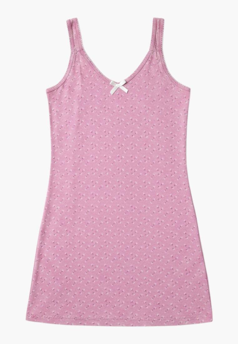 Falio pink floral print sleeveless nightgown with V-neck and white bow detail.