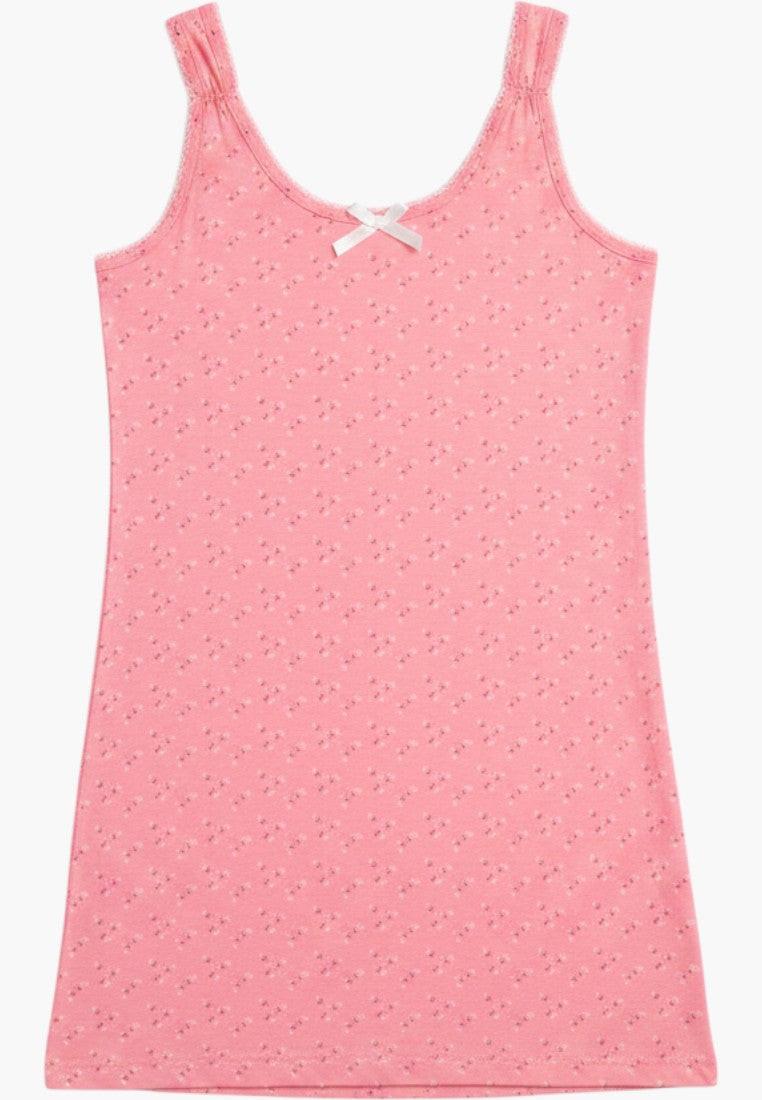 Falio pink floral print sleeveless nightgown with lace trim and a small bow detail.