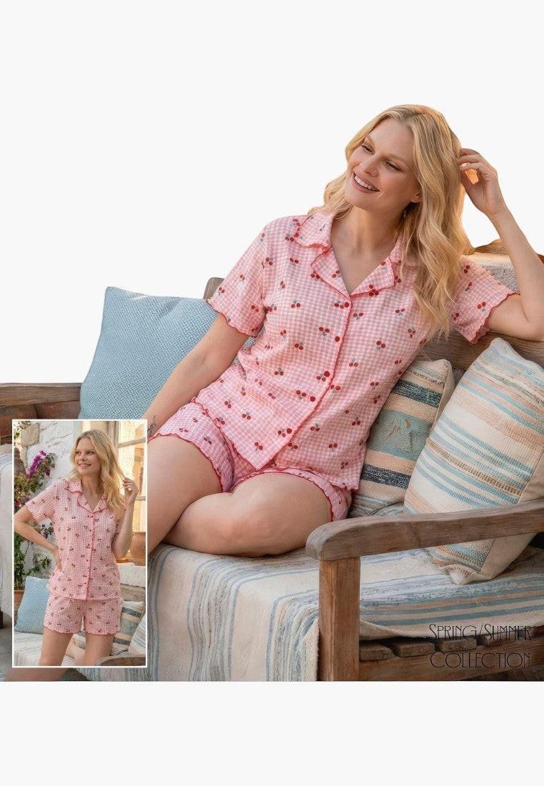 Falio pink gingham cherry print 100% cotton short pajama set with collar and button-up top.