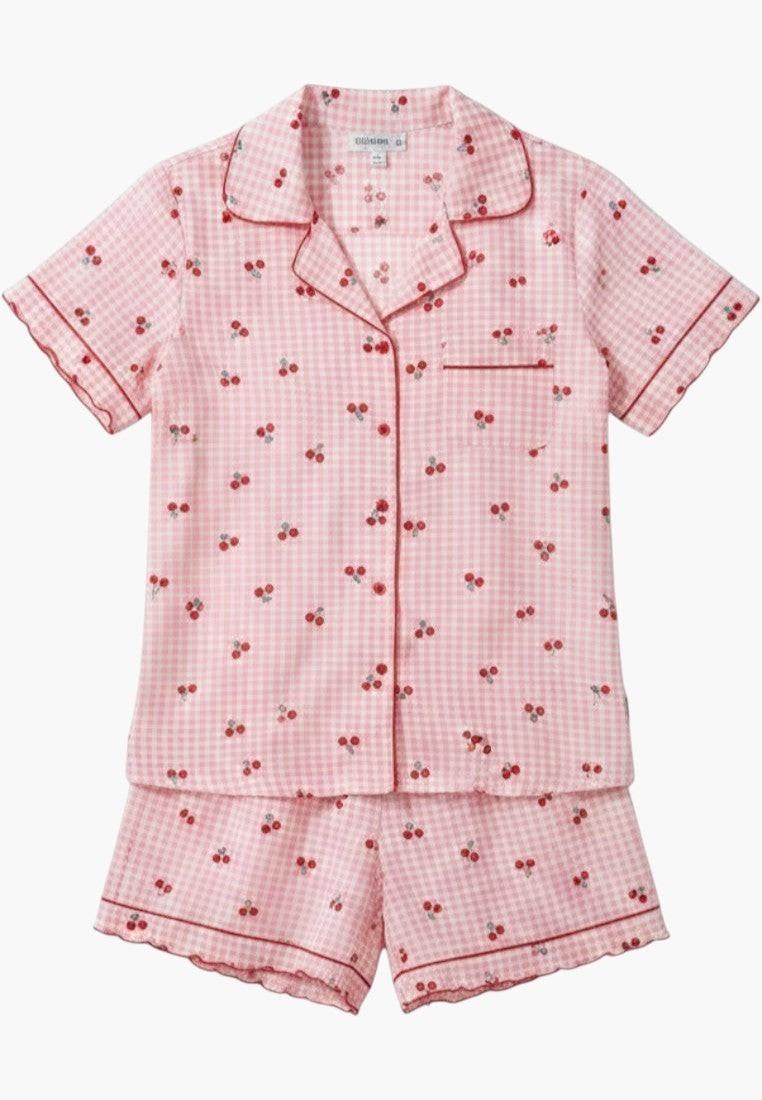 Falio pink gingham cherry print 100% cotton short pajama set with collar and button-up top.