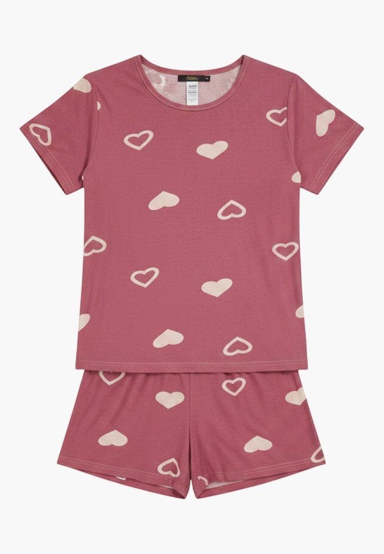 Falio women's pink cotton pajama set with all-over heart print. Short sleeves and shorts for comfortable sleepwear.