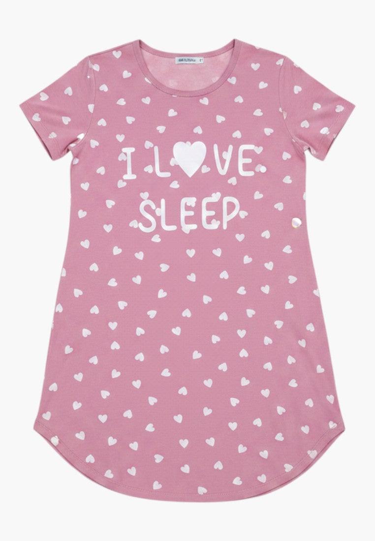 Falio pink cotton nightgown with short sleeves, "I Love Sleep" graphic and all-over heart print.