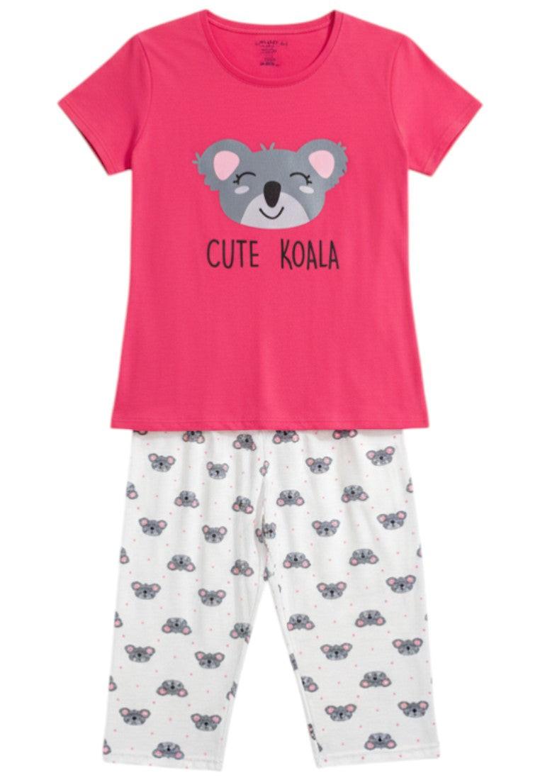 Falio women's pink cotton pajama set with cute koala graphic and all-over koala print capri pants.