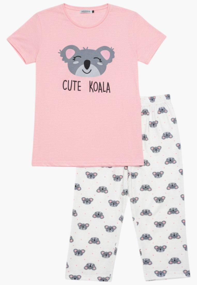 Falio pink cotton pajama set with cute koala print and capri pants. Comfortable sleepwear.