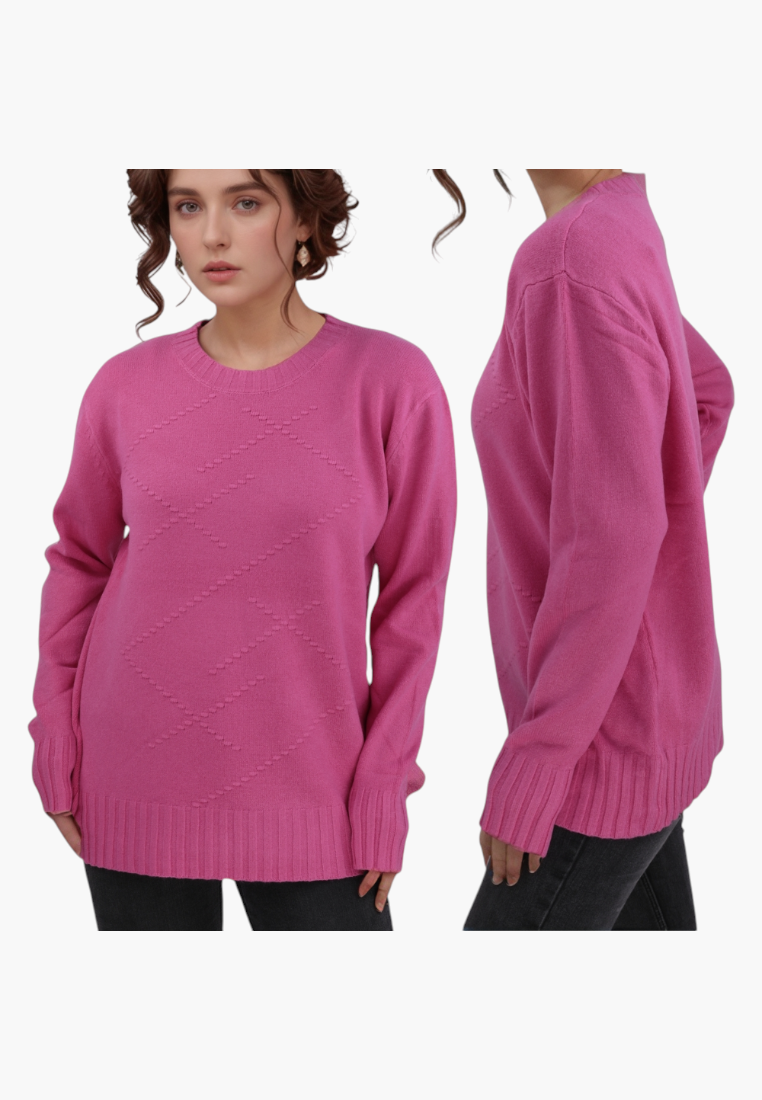 Falio pink long-sleeve sweater with a round neckline and subtle diamond-patterned knit texture on a model