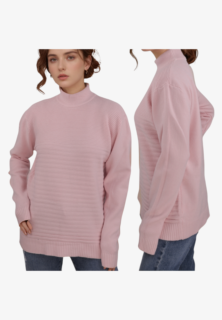 Falio pink mock neck sweater with long sleeves and ribbed texture worn by a model in front and side views.