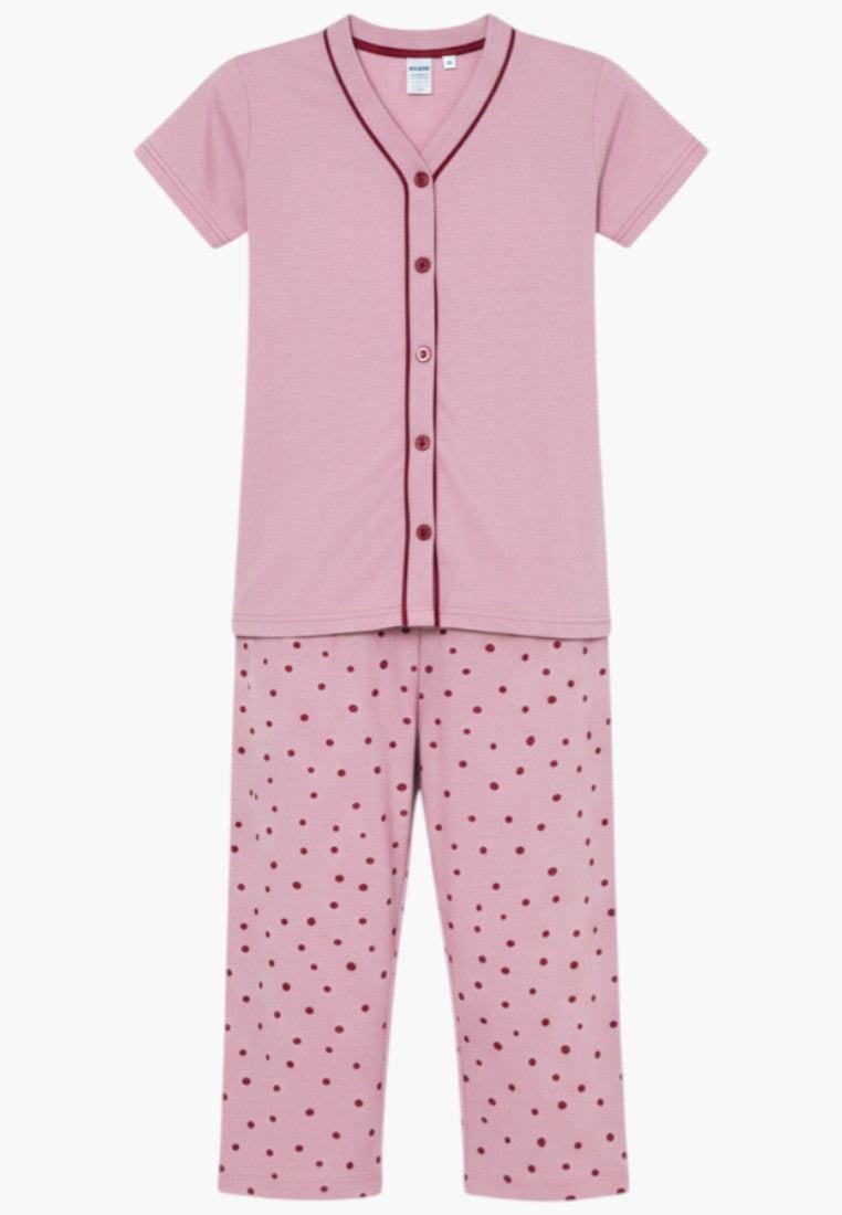Falio pink polka dot capri pajama set with burgundy trim and buttons. 100% cotton.