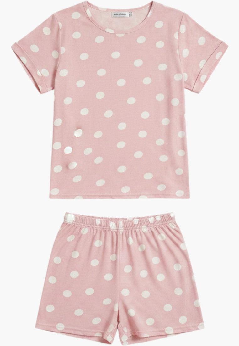 Falio pink polka dot 100% cotton short sleeve pajama set for women. Comfortable homewear.