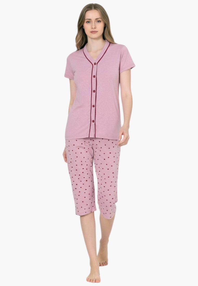 Falio pink polka dot capri pajama set with burgundy trim and buttons. 100% cotton.