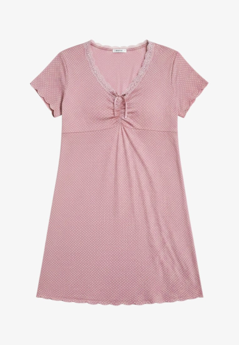Falio dusty pink viscose nightgown with white polka dots, V-neckline, and delicate lace trim detail.