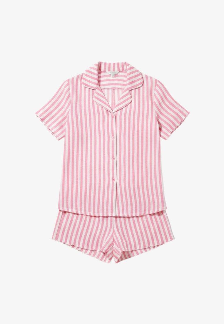 Falio pink and white striped 100% cotton pajama set with shorts and short-sleeve button-up top.