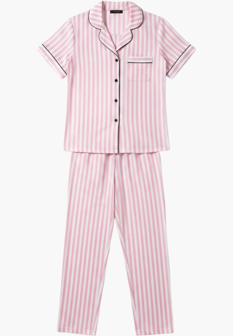 Falio pink and white striped cotton pajama set with black trim. Features short sleeves, button-up top, and 3/4 length pants.