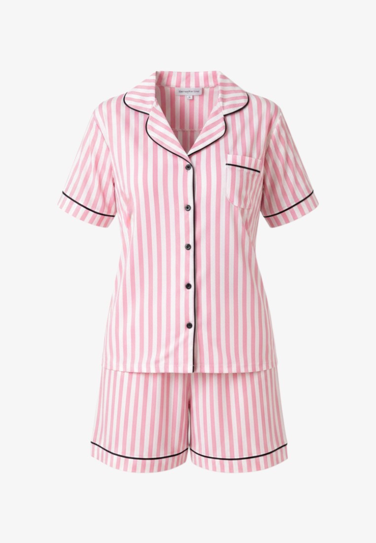 Falio pink and white striped cotton pajama set with short sleeves, button-down shirt, and matching shorts.