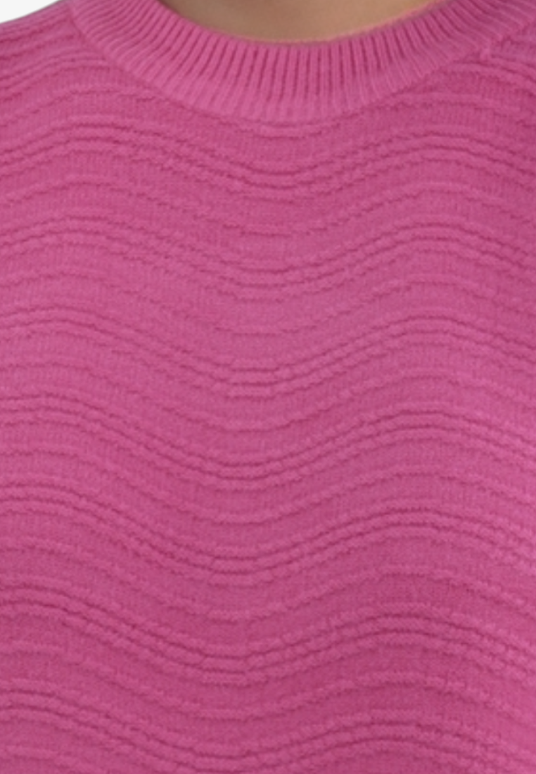 Falio pink wool-blend sweater with a ribbed round neckline and textured wavy knit pattern