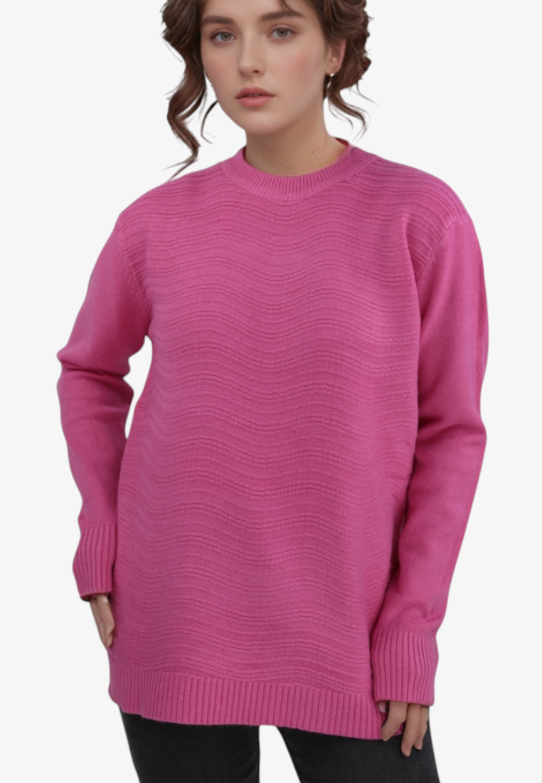 Falio pink long-sleeve sweater with a round neckline and subtle wavy texture, worn by a model against a white background