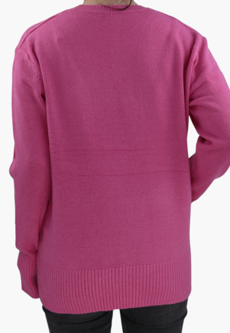 Back view of a Falio pink wool-blend sweater with a classic round neckline and long sleeves on a model