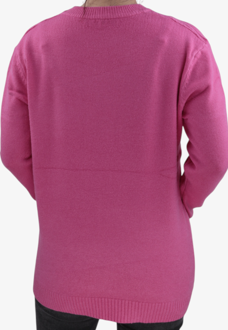 Back view of a Falio pink wool-blend sweater with a round neckline and long sleeves, worn over dark trousers.