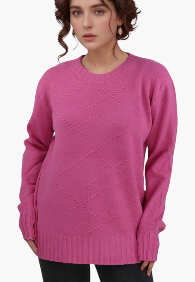 Falio pink long-sleeve wool-blend sweater with a round neckline and subtle diamond pattern on a female model