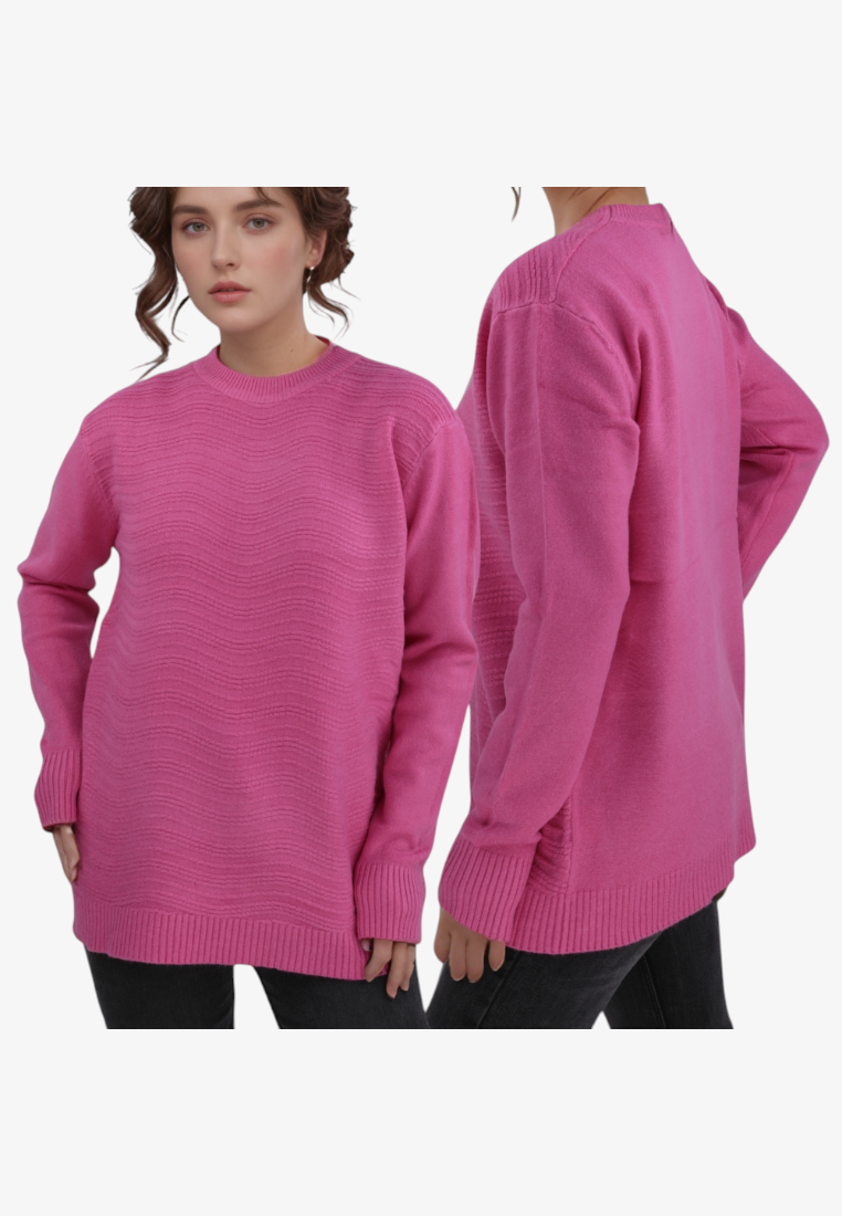Falio pink wool-blend sweater with a round neckline and textured wavy knit pattern worn by a model