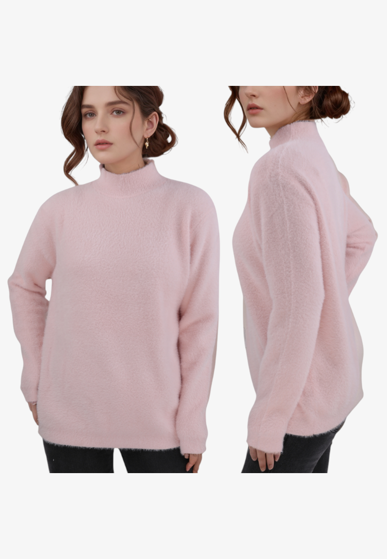 Falio pink wool and cashmere blend sweater with a mock neck, long sleeves, and a soft, fuzzy texture.