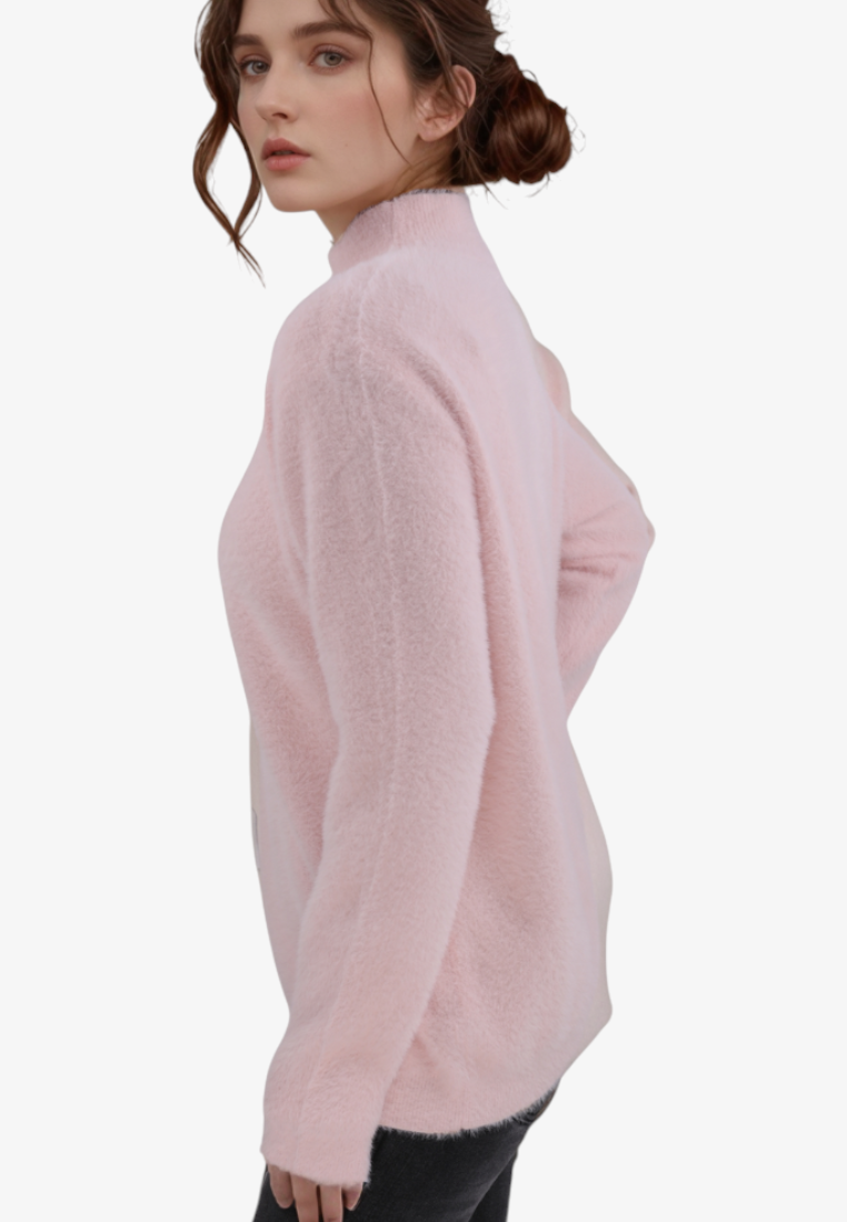 Falio pink wool and cashmere blend sweater with a mock neck, worn by a woman in a side profile view.