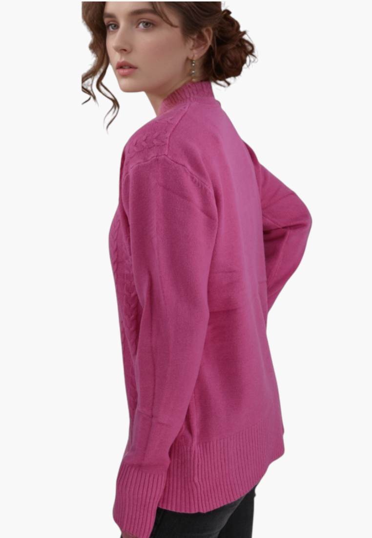 Falio pink wool and cashmere blend sweater with a round neckline worn by a woman in a side profile view