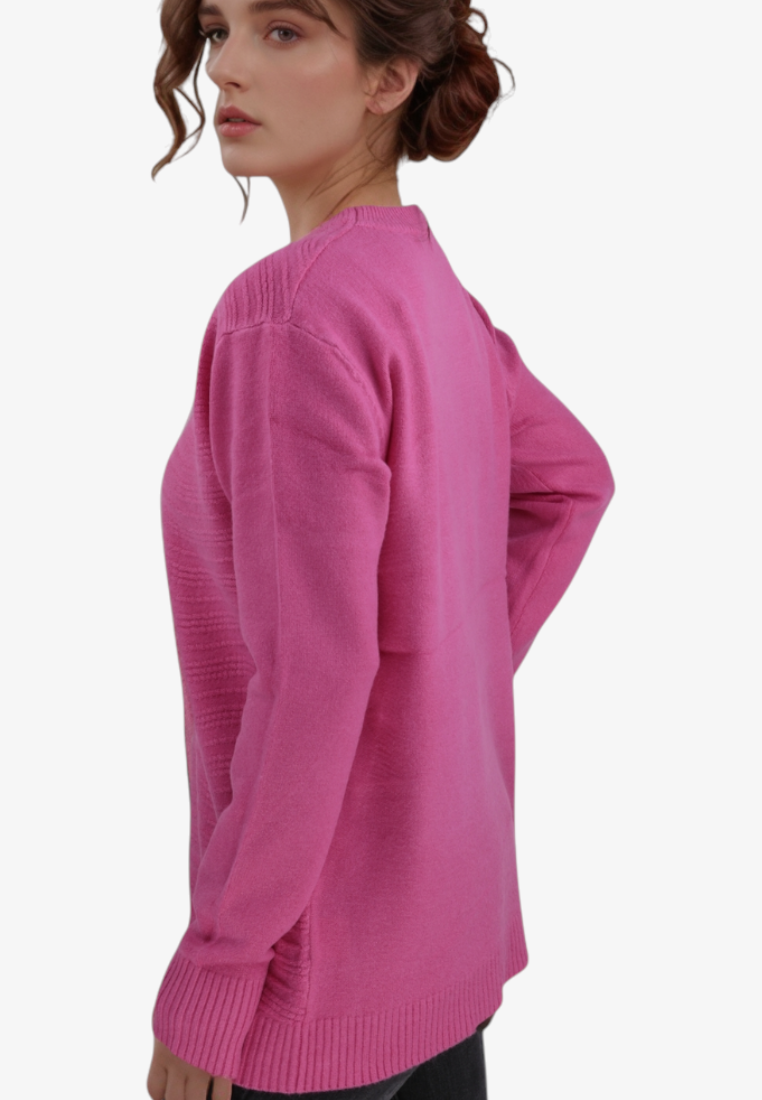Model wearing a pink Falio wool and cashmere blend sweater with a round neckline and long sleeves, side view.